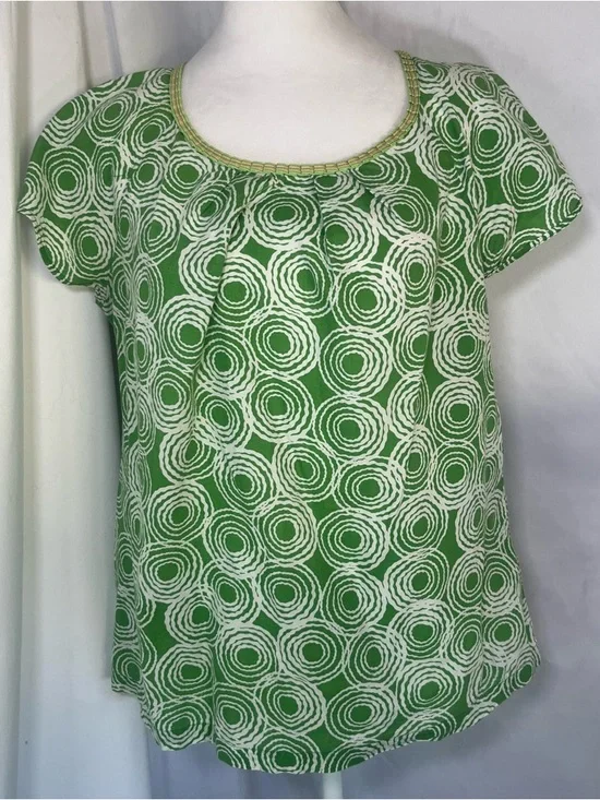 Boden Short Sleeve Scoop Neck Top Green & White Circles Size 10 Cotton - Picture 1 of 8